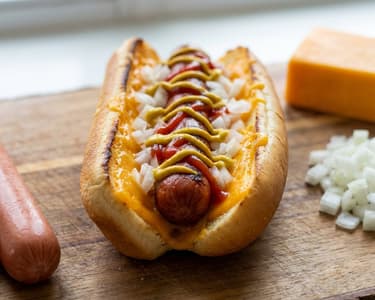 Hot Dog with Cheddar Cheese and Onion