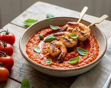 Roasted Bell Pepper Pesto with Tomatoes and Grilled Shrimp