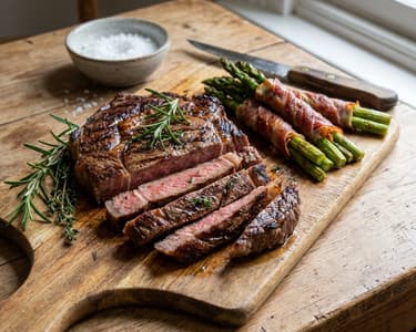 Grilled Ribeye Steak with Baby Asparagus and Prosciutto