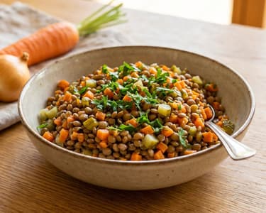 Lentil salad with carrots and pickled cucumbers