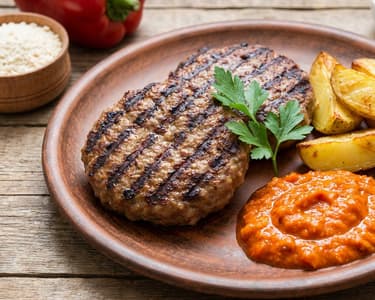 Pljeskavica with ajvar and roasted potatoes