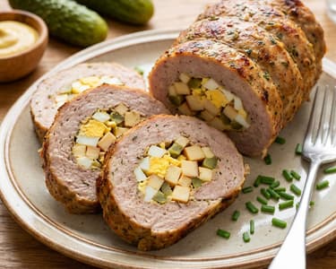 Ruladă de porc din carne tocată cu ou și șuncă