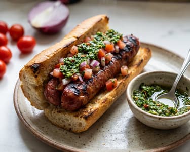 Choripán with chimichurri sauce and tomato salsa