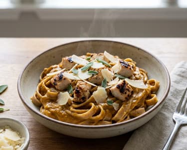 Whole Wheat Pasta with Creamy Pumpkin and Chicken Sauce