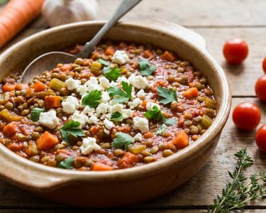 Baked Lentils with Roasted Vegetables and Feta