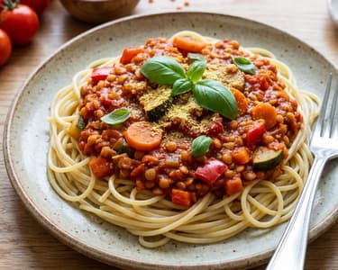 Spaghete bolognese vegane cu linte roșie