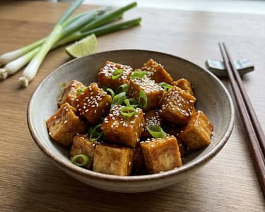 Crispy and sticky tofu with soy and maple sauce