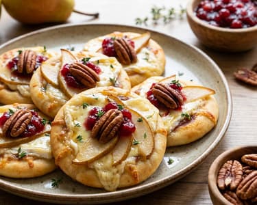 Mini pizza with Brie cheese, caramelized pears, and pecan nuts