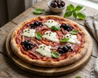 Pizza de Halloween cu fantome și păianjeni
