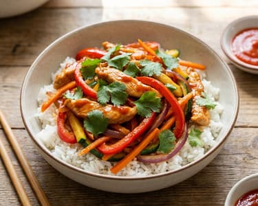 Spicy Turkey Strips with Sriracha Sauce and Vegetables