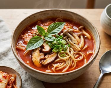 Spicy Kimchi Soup with Noodles and Mushrooms