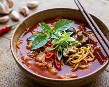 Spicy Kimchi Soup with Mie Noodles and Asian Mushrooms