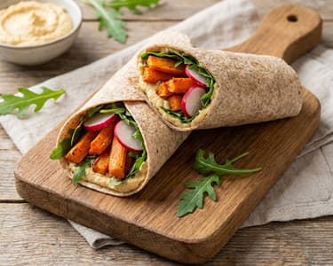 Wrap integral cu morcovi copți, hummus și rucola