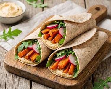 Wholemeal Wrap with Roasted Carrots, Hummus, and Arugula