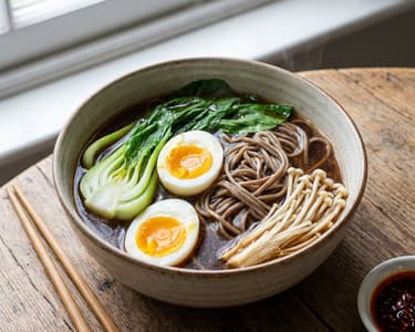 Asian soup with soba noodles, egg, and enoki mushrooms