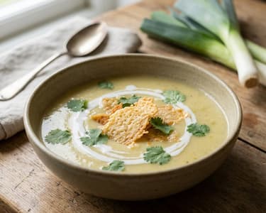 Leek cream soup with coconut milk and parmesan chips