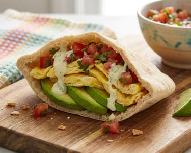 Pita umplută cu avocado, ou și salsa de roșii