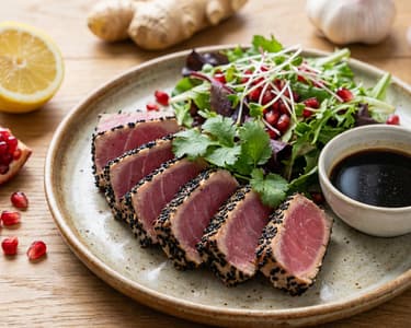 Tuna steak in sesame crust with pomegranate salad