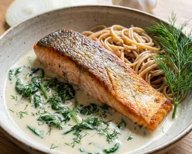 Salmon in Coconut Milk Sauce with Spinach and Dill