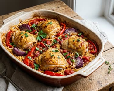Oven-baked chicken with orzo and vegetables in one pan