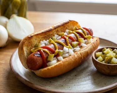 Hot Dog American cu Ceapă și Castraveți Murați