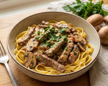 Beef Stroganoff with mushrooms and tagliatelle