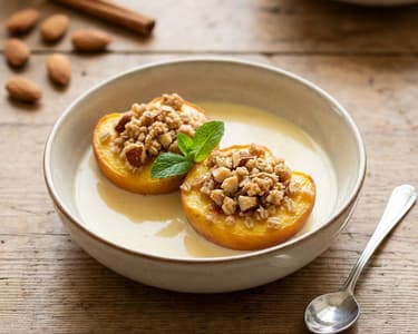 Baked peaches with almond crumble and vanilla sauce
