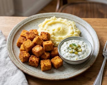 Homemade Tofu from Red Lentils with Mashed Potatoes and Tartar Sauce