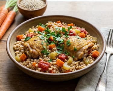 Pilaf de pui cu arpacaș și legume la cuptor