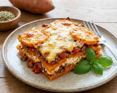 Lasagna de cartofi dulci cu vită și brânză cottage