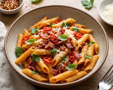 Penne all'arrabbiata cu bacon și chilli