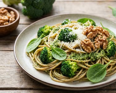 Whole wheat pasta with broccoli and walnut pesto