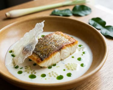 Cod with Tom Kha Sauce and Lime Caviar