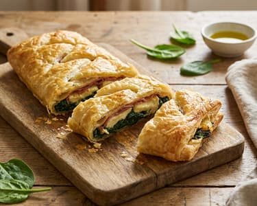 Strudel with puff pastry, spinach, and Halloumi cheese