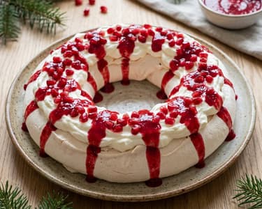 Coroniță Pavlova cu rodie și sos de zmeură