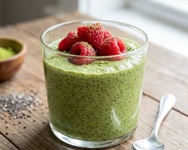 Budincă de chia cu matcha și zmeură