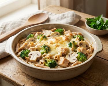 Gratin pasta with chicken, mushrooms, and broccoli