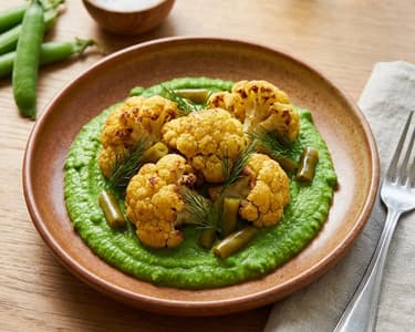 Pea puree, roasted cauliflower, and pickled green beans