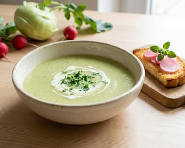 Kohlrabi Cream Soup with Toasted Bread and Marinated Radishes