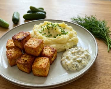 Homemade Red Lentil Tofu with Mashed Potatoes and Tartar Sauce