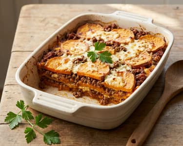 Lasagna de cartofi dulci cu vită și brânză cottage