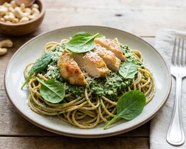 Spaghetti with spinach pesto and chicken