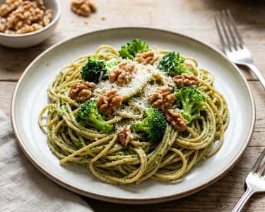 Whole wheat pasta with broccoli and walnut pesto