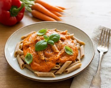 Whole wheat pasta with creamy roasted vegetable sauce