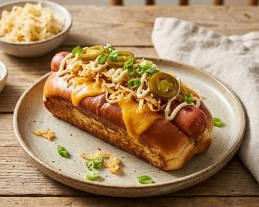 Hotdog cu cheddar și varză crocantă