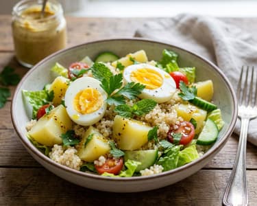 Salată de cartofi cu ouă și quinoa