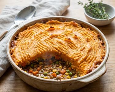Shepherd's Pie with Vegetables and Sweet Potato Puree