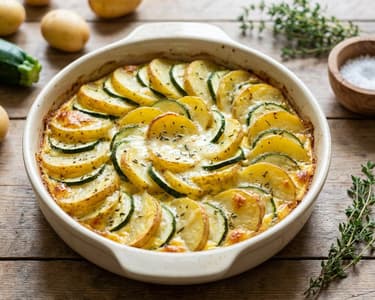 Cartofi gratinați cu dovlecei și mozzarella
