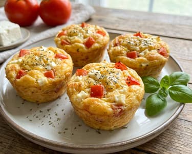 Appetizer Muffins with Eggs, Tomatoes, and Telemea Cheese