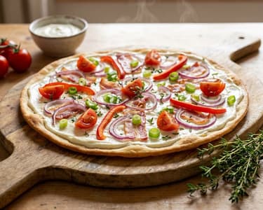 Flammkuchen cu bacon și legume proaspete